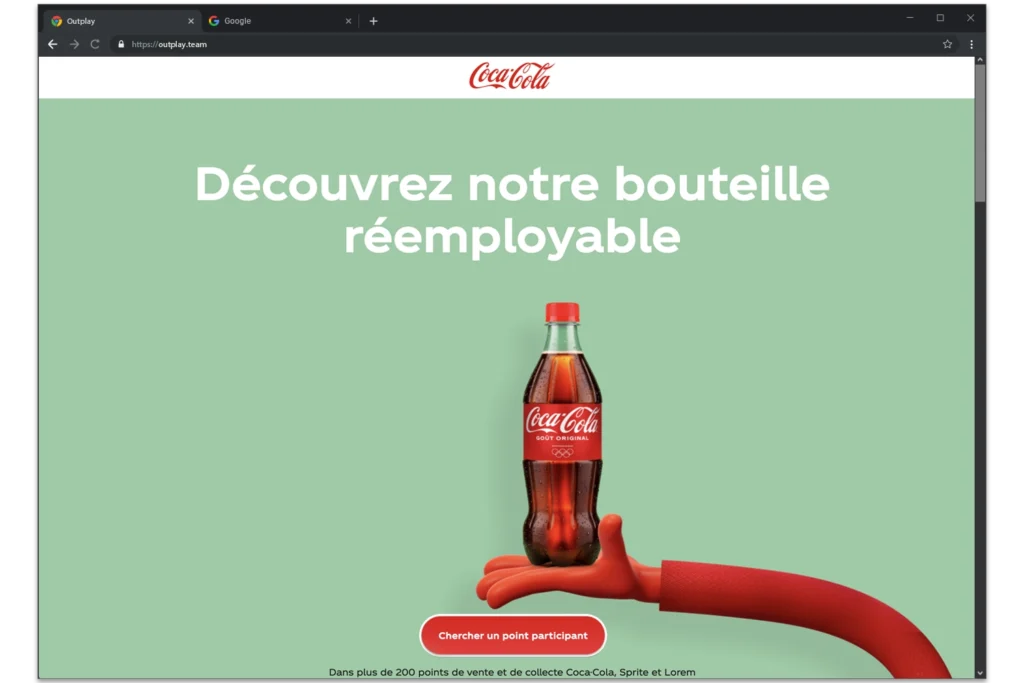 page d'accueil site coca-cola bouteille réemployable dans une agence de création de sites web et applications mobiles