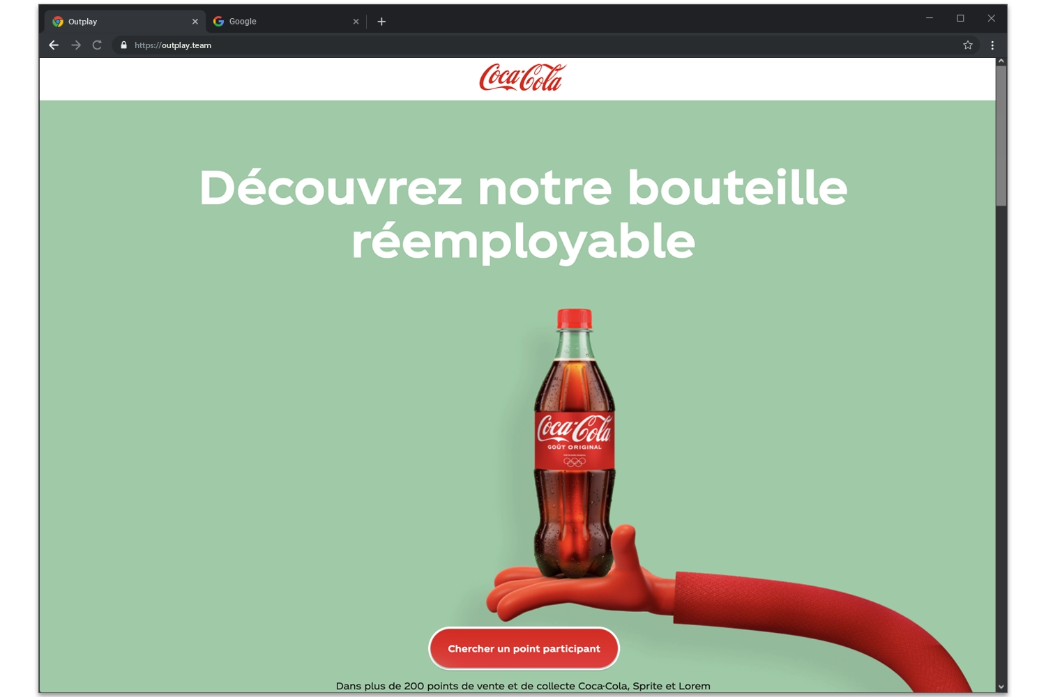 page d'accueil site coca-cola bouteille réemployable dans une agence de création de sites web et applications mobiles